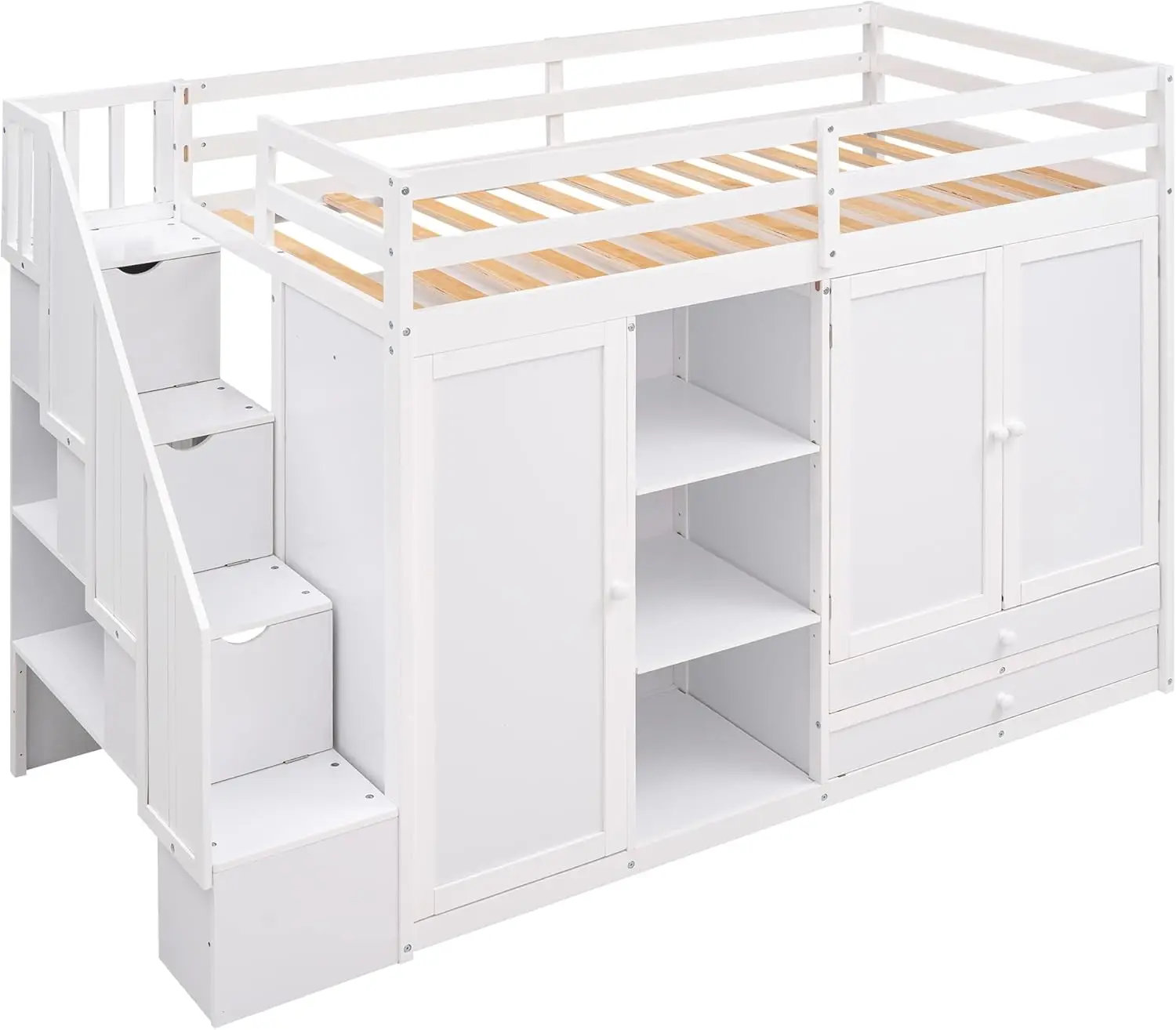 

Twin Loft Bed With Wardrobes, 2 Drawers And 3 Shelves, Functaional Wood Loft Bed For Kids No Box Spring Needed