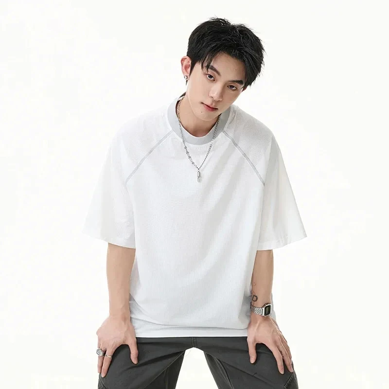 

Minimalist Men's T Shirt Textured Fabric Contrast Collar Oversized Fit Short Sleeve Casual Daily Pullover Top