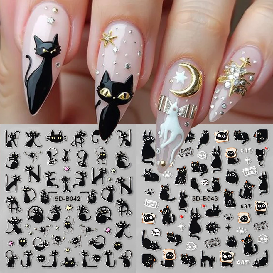 2 pezzi 3D adesivi per nail art gatto nero cartone animato adorabile gatto carino pane stella decalcomanie per unghie cursori di design decorazioni per nail art manicure
