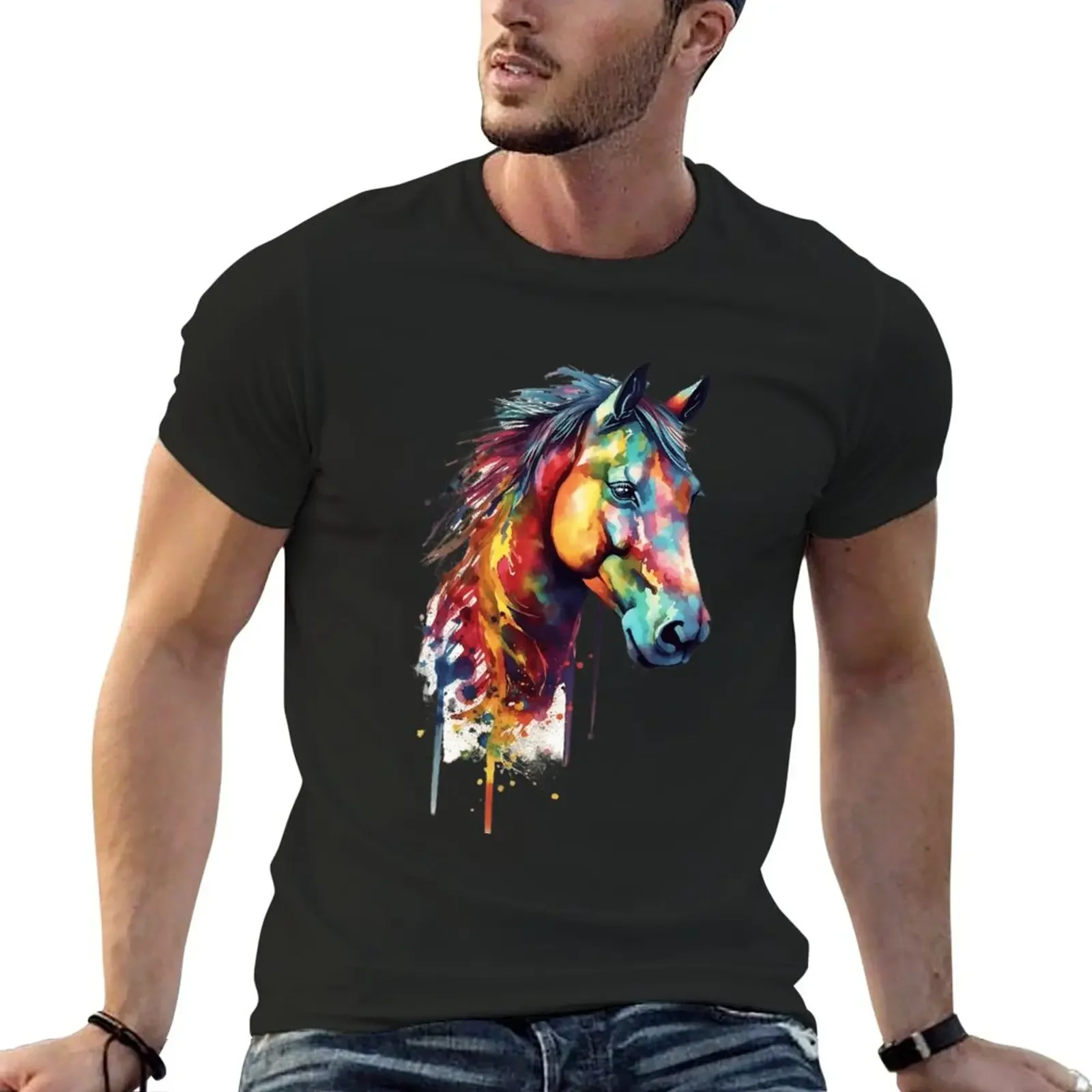 New Rainbow Horse Head - Watercolor, Abstract, Bright Colors, White Background, Portrait T-Shirt summer tops sweat shirts, men