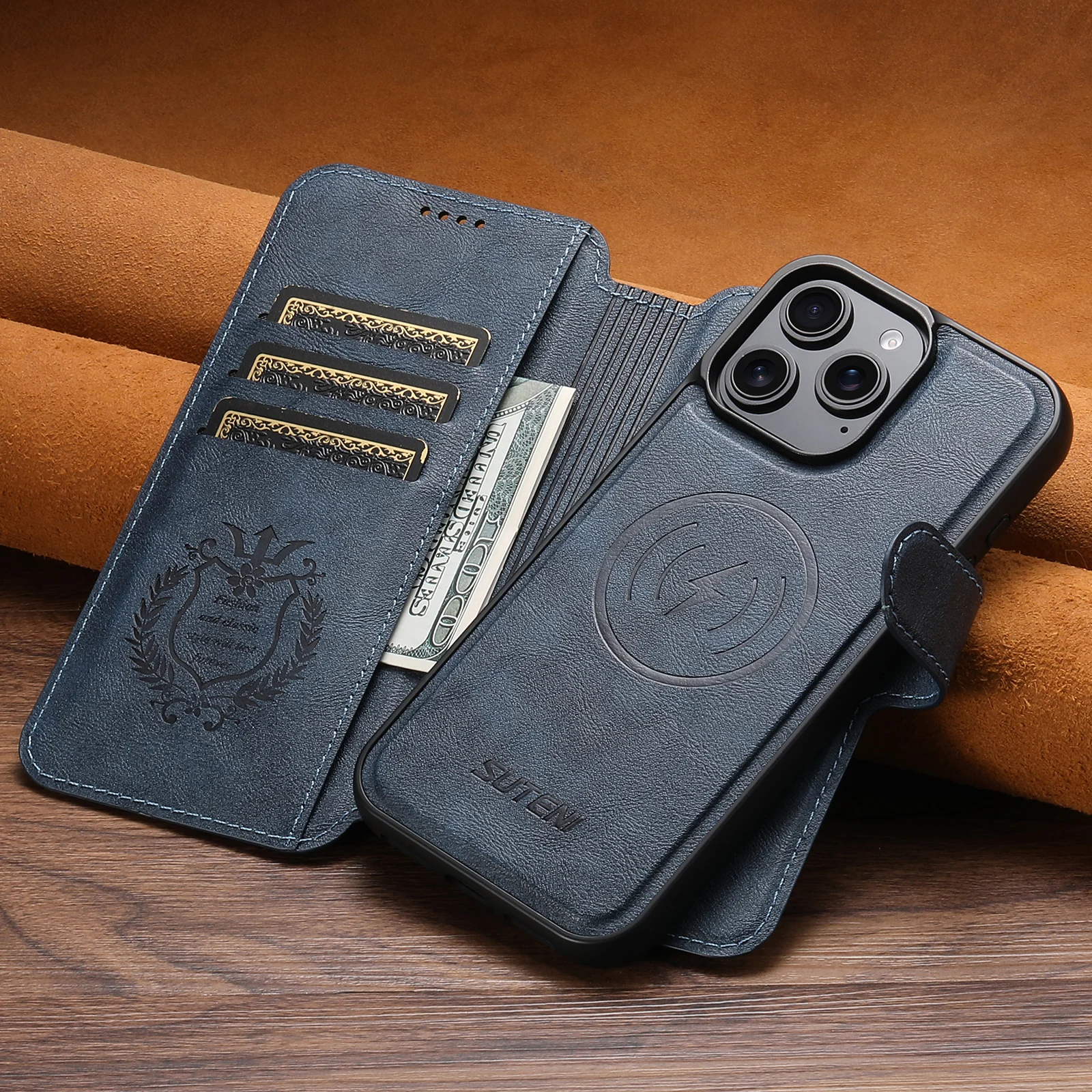 PU-leer Draadloos opladen Kaarthouder Stand Portemonnee Magnetische flip-cover Telefoonhoesje voor iPhone 17 Pro Max 16 Plus 15 14 13 12