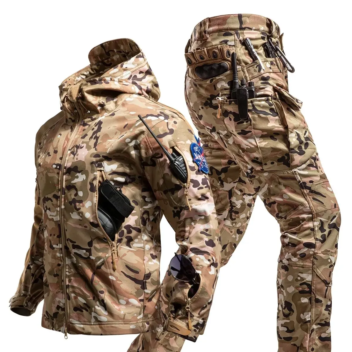 6XL 2025 Fishing Tactical Softshell Camouflage Set Men Windbreaker Waterproof Hunting Clothes Camo Ski Jacket Pants