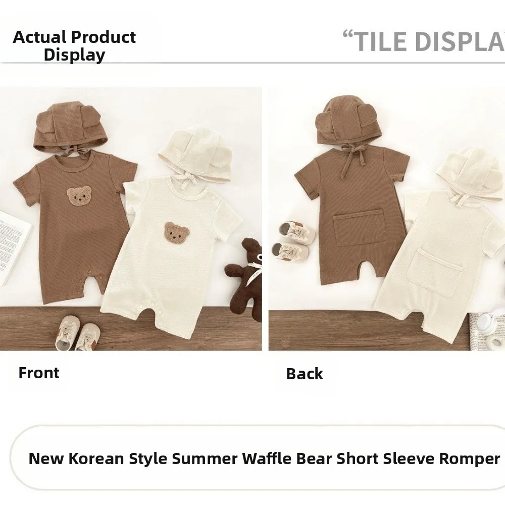 Pagliaccetto per bebè a maniche corte in tessuto morbido Design simpatico orso Cartoon Bear Body in puro cotone con texture waffle Tutina per neonato