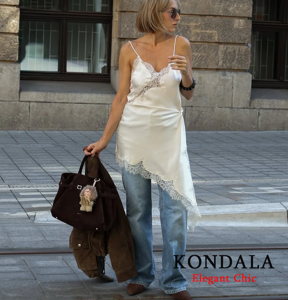 Kondala senhora y2k renda halter vestido de cetim assimétrico mini vestido 2025 primavera outono moda high street namoro quente-sexy senhora vestido