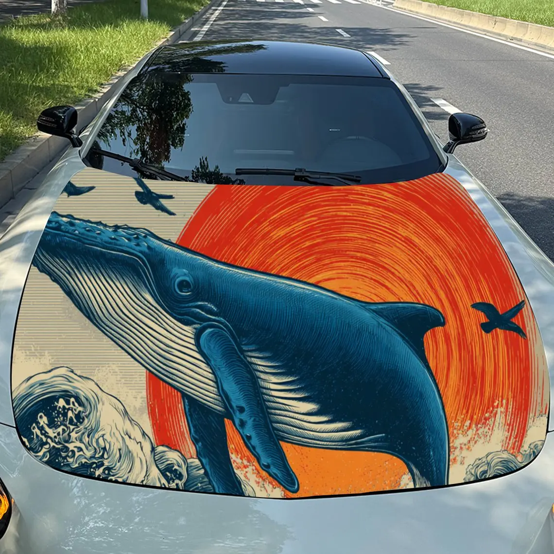 

Joyful Whale Waves Sunset PVC Car Engine Hood Vinyl Wraps, Self-Adhesive Waterproof Car Hood Decal Sticker, Car Decoration Prote