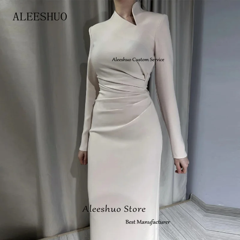 Aleeshuo Muslim Dubai Satin Evening Dresses Long Sleeves Mermaid Prom Dress Pleat High Neck Dress فستان حفلات الزفاف  Customized