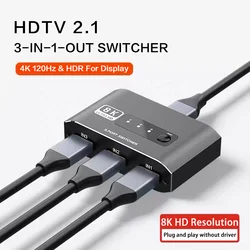 HDTV 8K Switch | 3 to 1 HDTV2.1 HD Screen Signal Splitter Switcher Hub For PS4 HDTV Projector Laptop Monitor Switcher