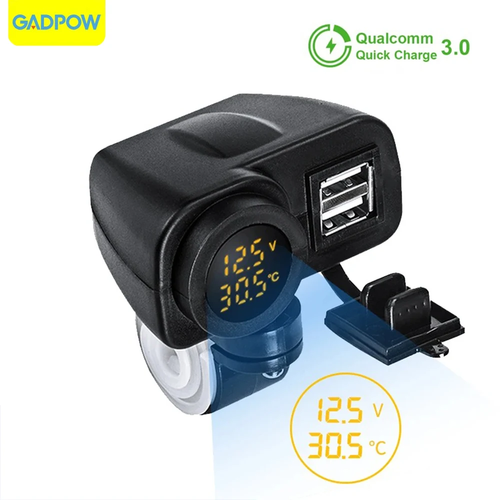 Gadpow Motorcycle Charger 12V 36W QC3.0 Digital Display Dual USB  Phone Fast Charger Voltmeter Thermometer  Phone Charger Socket