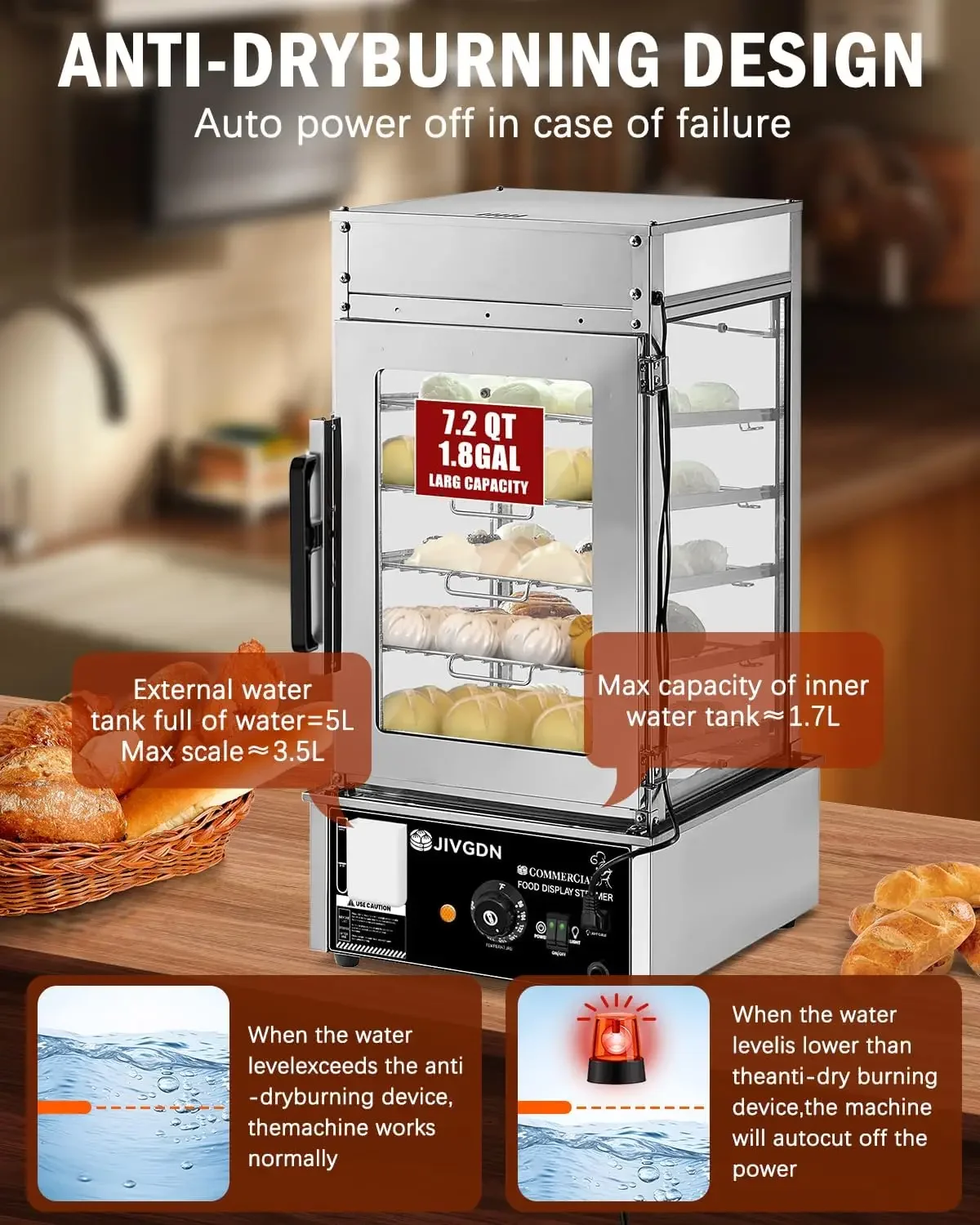 عرض باخرة الطعام التجارية - جهاز بخار كهربائي لـ Bao Buns Dumpling Hot Dog، سطح طعام تجاري من الفولاذ المقاوم للصدأ