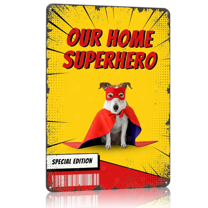 Póster de Metal con estampado de cómics de perros y superhéroes, adornos artísticos de pared, carteles de estaño de Metal personalizables para decoración de arte de pared