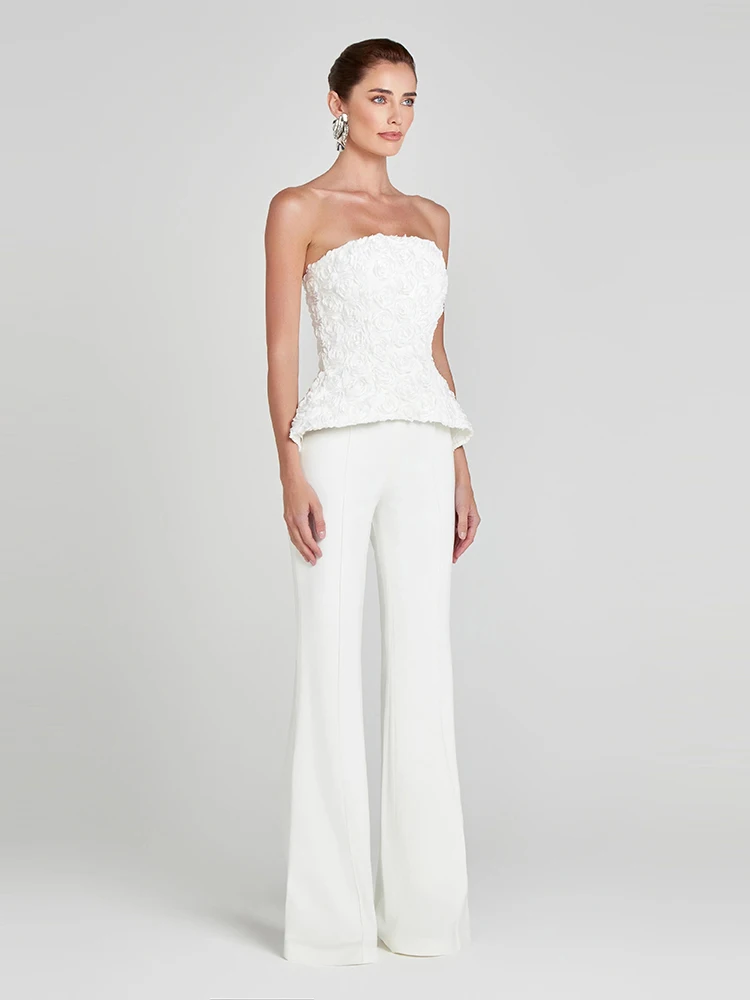 Women Withe Pants Two Piece Set Sexy Strapless 3D Flowers Top + Flare Pants Sets Evening Party Cocktail Suits