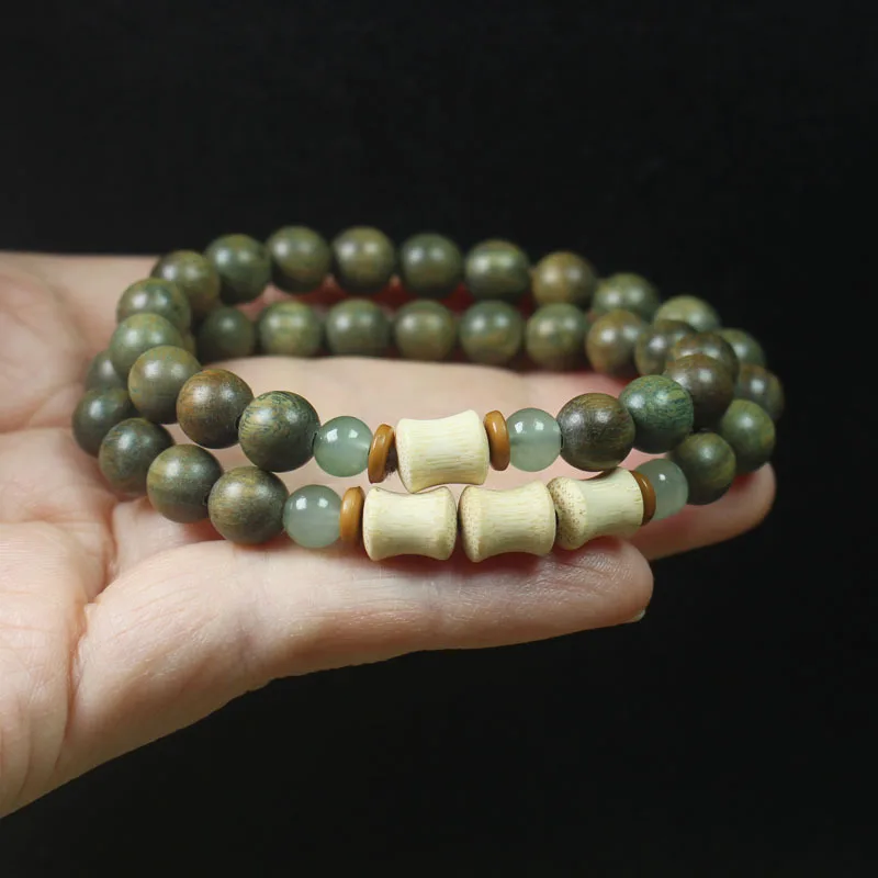 Green Sandalwood 8mm Bracelet with Golden Thread Bamboo Beads, Multi-loop Handheld Buddhist Prayer Beads Jewelry
