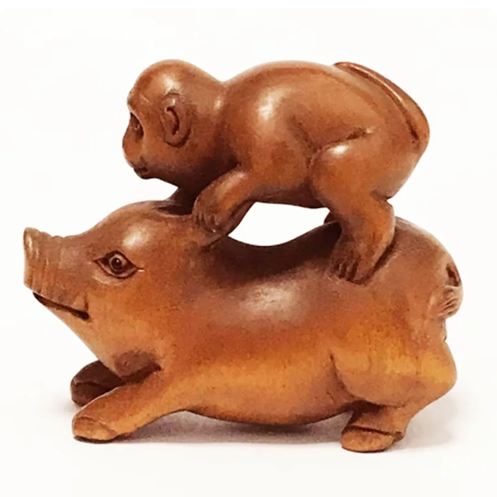 Y126, 2 INCH Japanese Boxwood Hand Carved Netsuke Sculpture Miniature : Monkey Taxi Pig