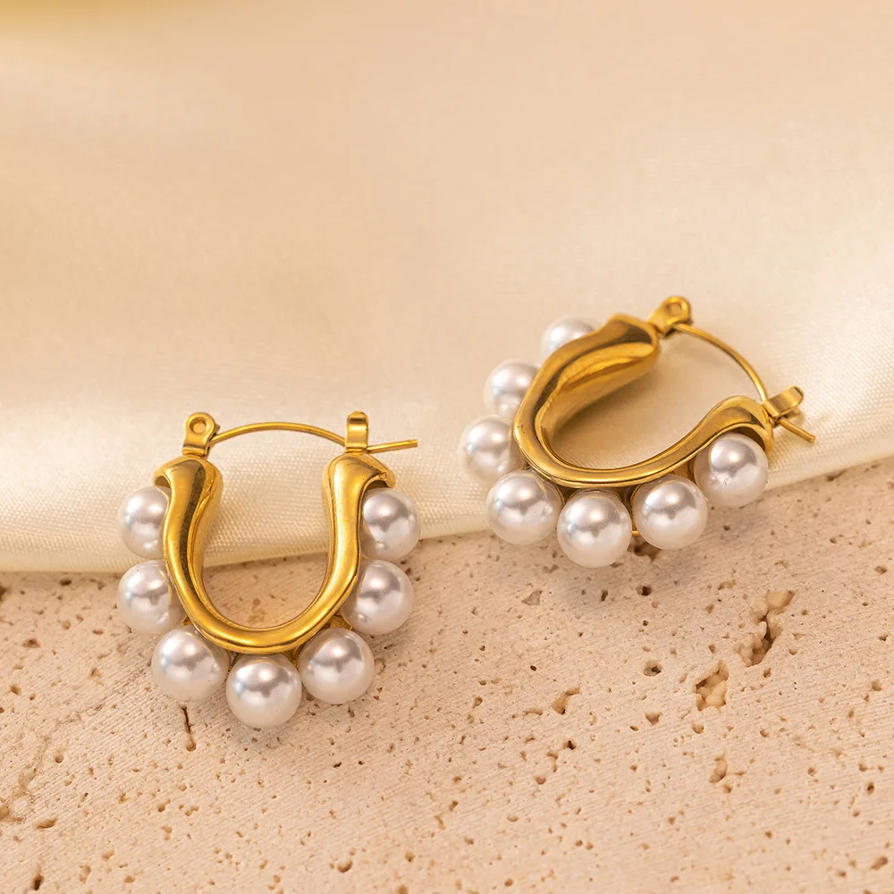 OIMG 316L Stainless Steel Gold Plated Temperament Gorgeous Imitation Pearl Hoop Earrings For Women Christmas Gift Waterproof