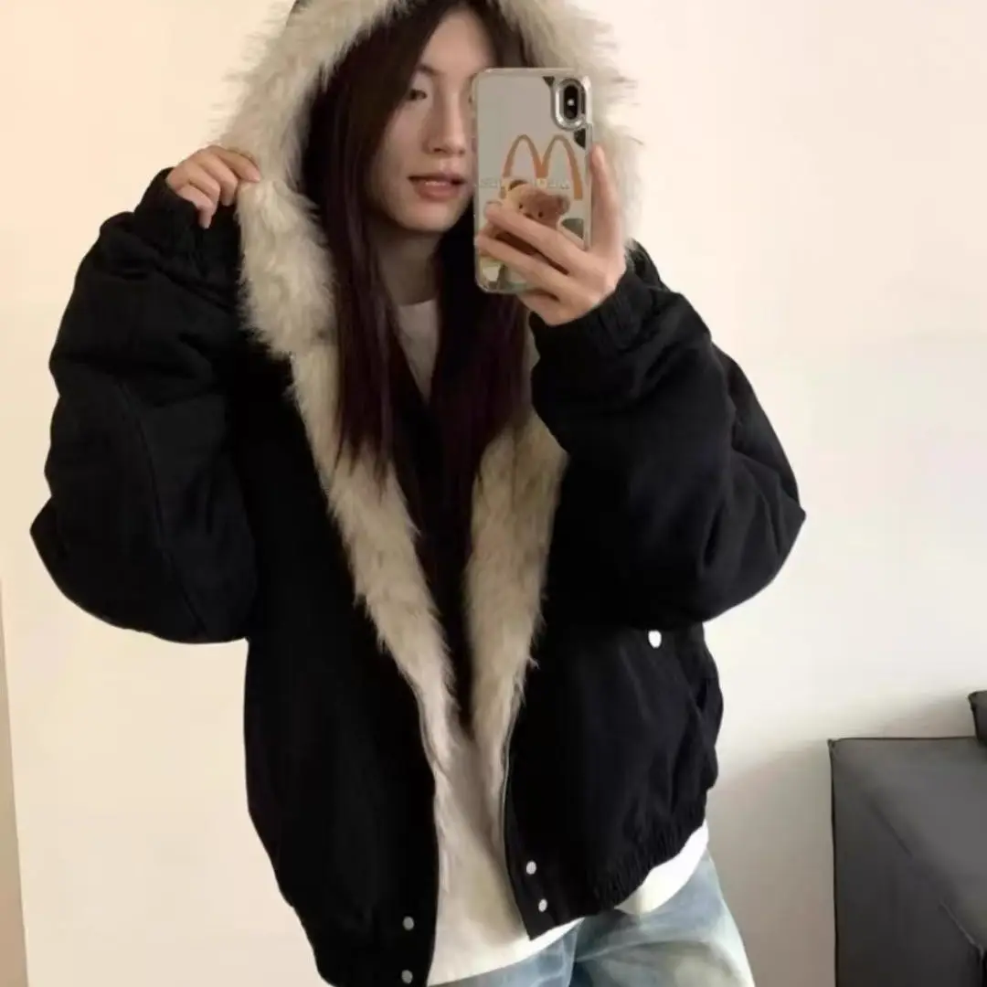 

Модная женская хлопковая куртка с меховым воротником и капюшоном Y2K, уличная одежда в стиле ретро для девочек, свободная бархатная теплая плюшевая куртка, повседневная верхняя одежда