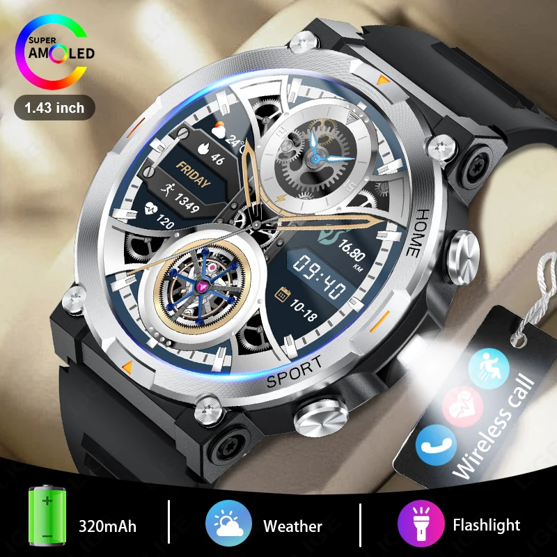LIGE 2026 Militär-Sport-Smartwatch für Herren 1,43 Zoll Herzfrequenzmessung IP68 Wasserdicht LED-Taschenlampe Bluetooth-Gesprächsfunktion Smartwatch für Männer