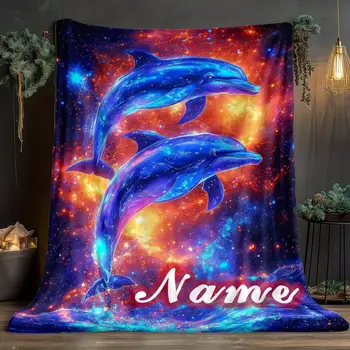 パーソナライズされたカスタマイズされた名前のギャラクシードルフィンブランケット - 宇宙の海のイルカ柄の軽量で柔らかいショール。 6 best sales イルカのブランケット - №3