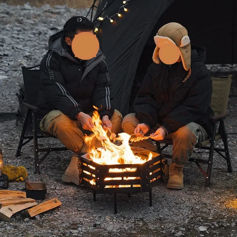 Outdoor Camping Fire Pit, Portable Detachable Cooking Fire Pit with Carbon Steel Stainless Steel Grill Grate