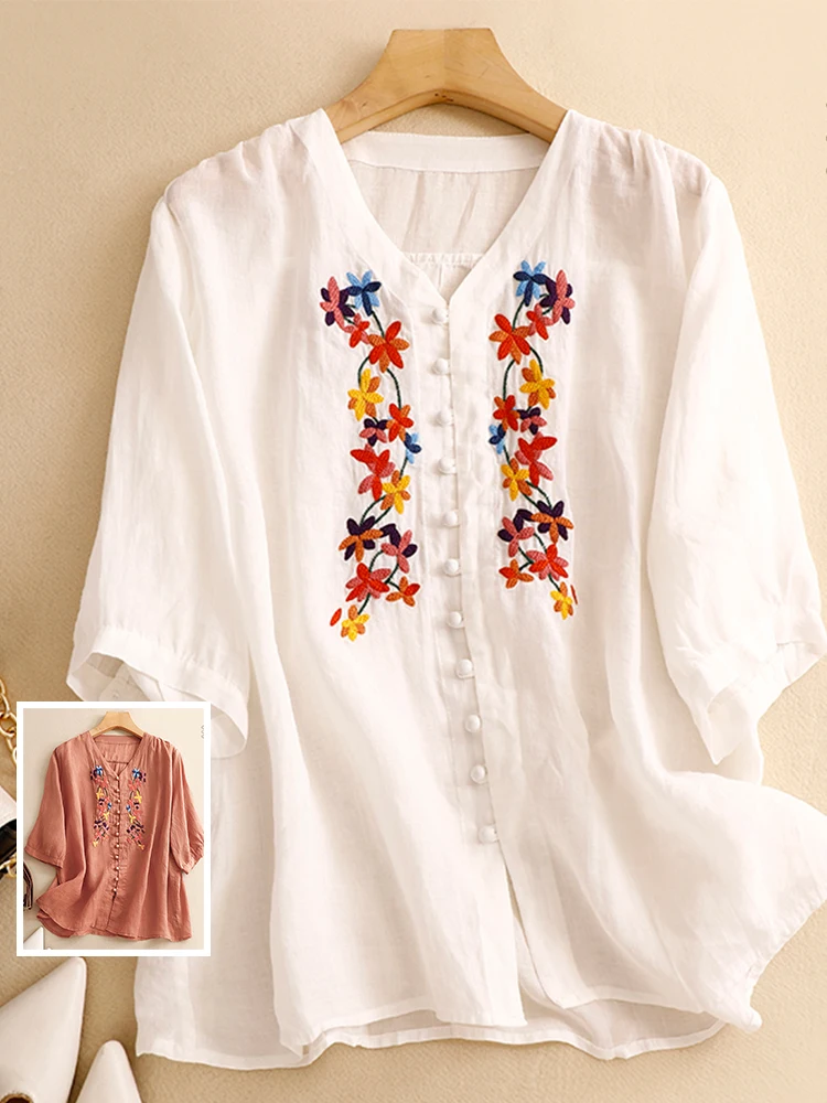 Ricamo floreale artistico retrò irt Sottile a cinque quarti Sve Casual V-Ne Top Age-Defng Cotone Abbigliamento estivo da donna