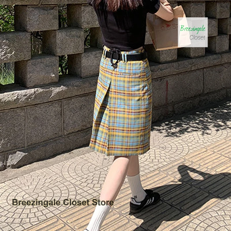 Korean blue and yellow plaid A-word skirt women's spring and autumn skirt sweet retro fashion temperament high waist slim skirt