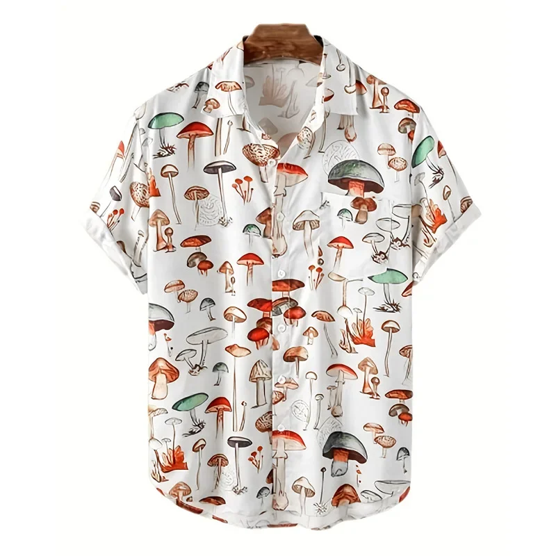 

Europe and The United States Men Summer Lapel Mushroom Print Spot Short-sleeved Shirt Large Size Loose Beach Short-sleeved Shirt