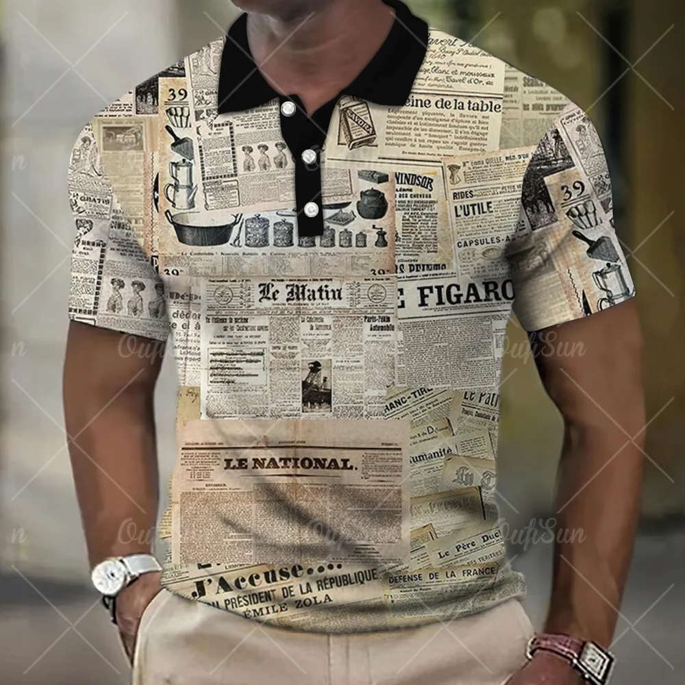 Vintage Men\'S Polo Shirt 3d Newspaper Print High-Quality Men Clothing Loose Oversized Shirt And Blouse Daily Casual Short Sleeve