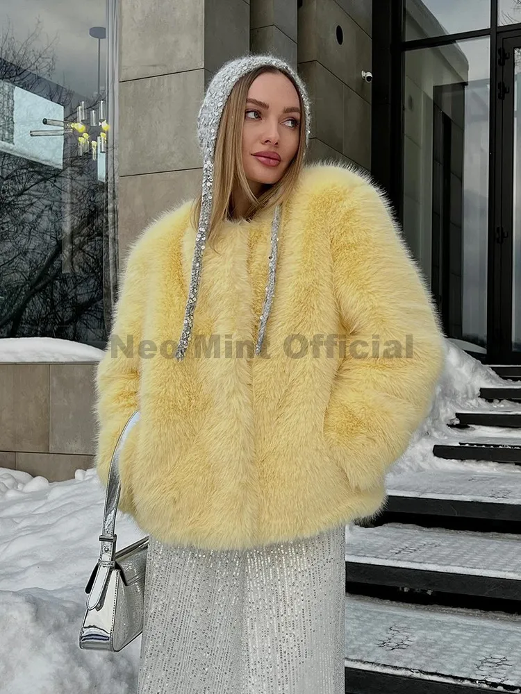 Neo Mint-Chaqueta de piel de zorro ecológica suave para mujer, moda urbana para chicas, abrigo de piel sintética esponjoso para invierno, abrigos cortos cálidos elegantes