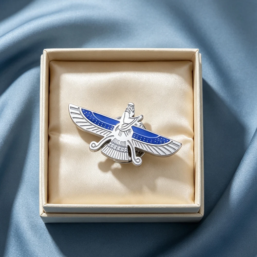 Broches Farvahar persanes, émail bleu, épingles de revers Faravahar, symbole iranien, zoroastrisme, cadeau, bijoux en acier inoxydable