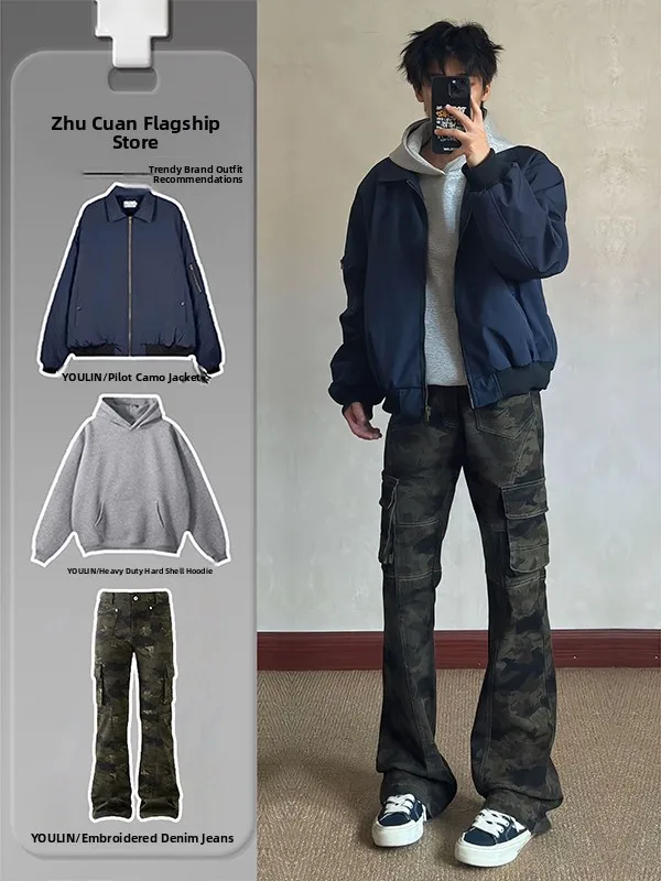 

Костюм мужской осенне-зимний: лонгслив и джинсы, повседневный спортивный стиль, молодежный, камуфляжный, CleanFit