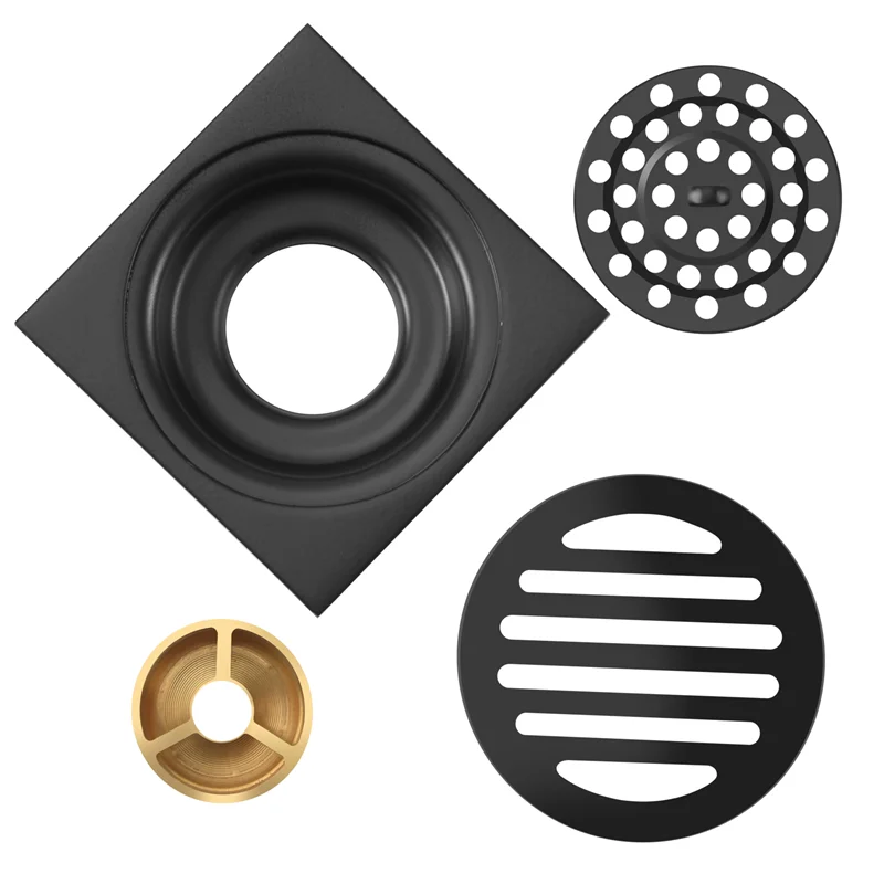 ABAG 4 Inch Square Shower Drain With Removable Cover Grate, Brass Anti Clogging And Odor Point Floor Drain Assembly With Hair Ca