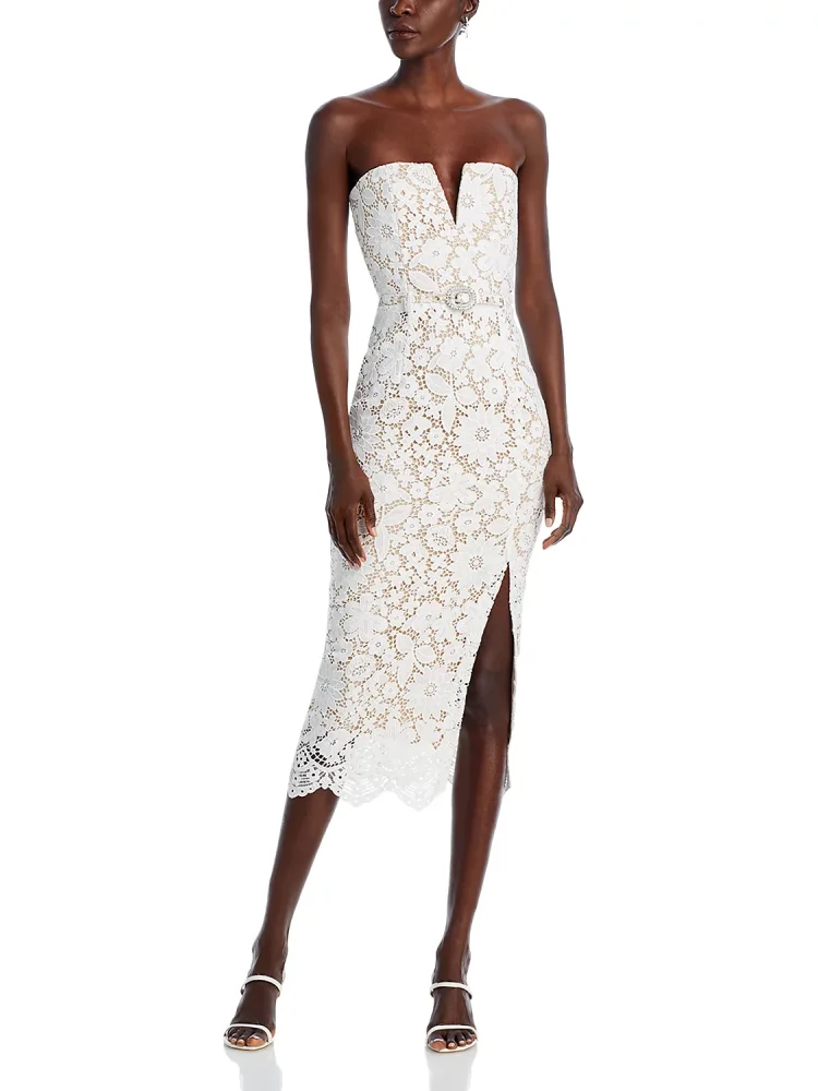 Sexy sem alças floral renda bandage vestido com cinto feminino branco sem mangas sem costas bordado renda bodycon vestidos de festa à noite