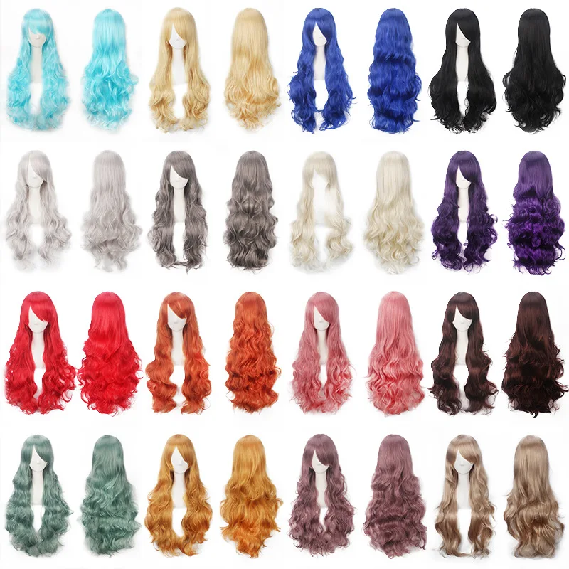 Synthetic Cosplay Wig 80CM Long Wavy Multi-Color High Temperature Fiber Full Wig with Side Bangs for Costume Party Halloween
