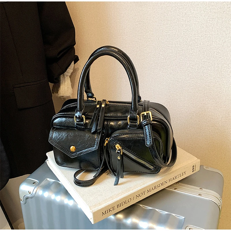 

Ретро масляная восковая кожаная сумка-подушка, однотонная женская сумка из искусственной кожи, сумка подмышки с несколькими карманами, дизайнерская сумка, роскошная мотоциклетная сумка