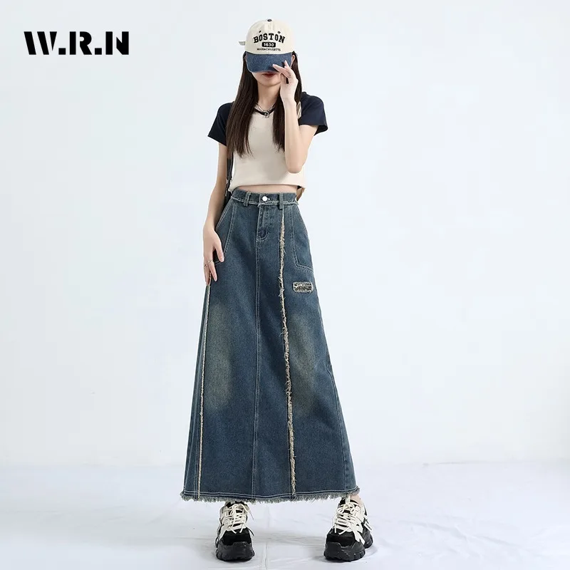 

Women 2023 New Maxi Retro Denim Skirt Korean Fashion Design Tassel Pockets A Line High Waist Long Jeans Skirt Female Y2K