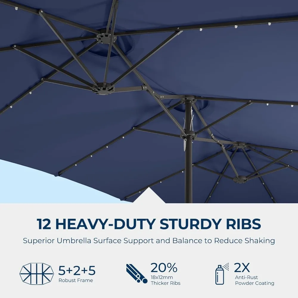 Double Sided Patio Umbrellas - 15ft Solar Lights LED Lighted Outdoor Extra Large Market Table Umbrella with Base Included, Overs image 6