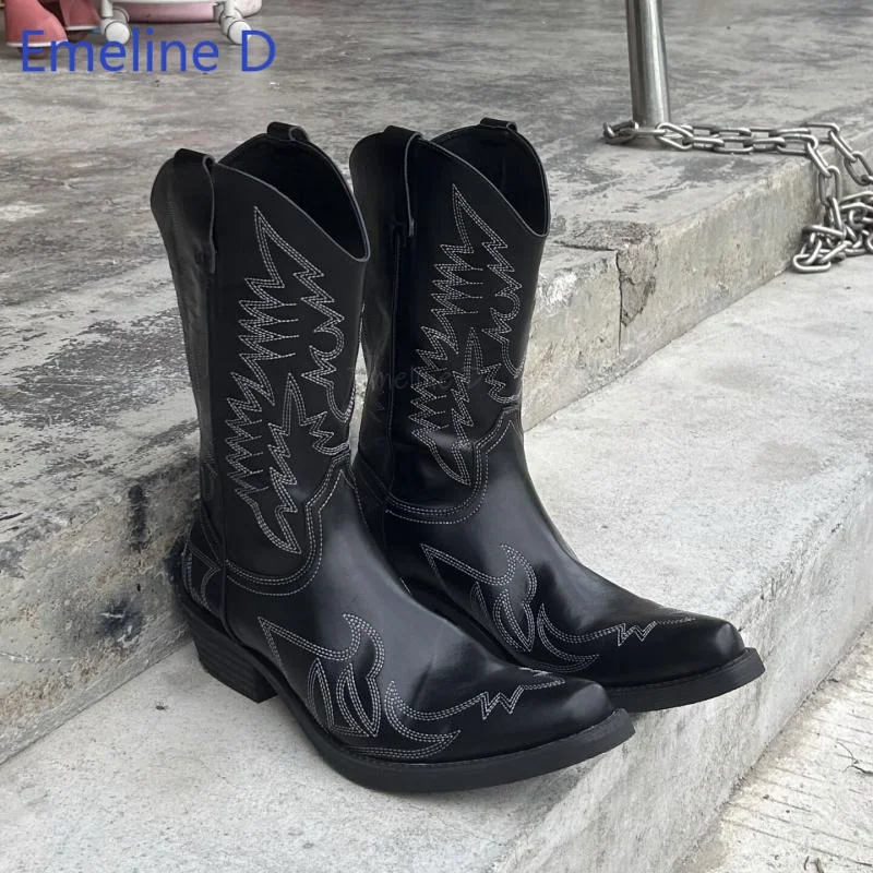 

Unisex Retro Western Cowboy Boots White Stitch Embroidery Square Toe Low Heel Pull Loops Black Leather Mid Calf Footwear