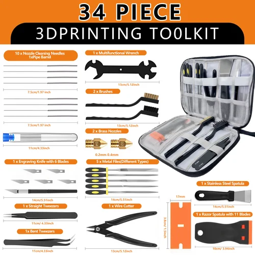 Imagen 2 del producto Kit de herramientas para impresora 3D, 34 piezas de mantenimiento con herramientas de limpieza de boquillas, raspador, cepillos, juego de limas, cortador y cuchillo para impresoras FDM/SLA