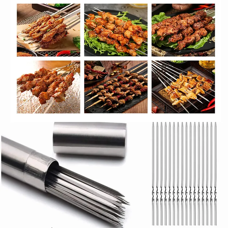 10/15/20Pcs Stainless Steel Barbecue Skewer Reusable BBQ Skewers Kebab Iron Stick For Outdoor Camping Picnic Tools Cooking Tools