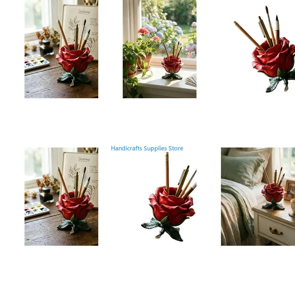 R1WA Decorative Pen Holder Rose Makeup Brush Holder for Desk Area or Shelf Display, Desktop Cup Storage for Writing Items and