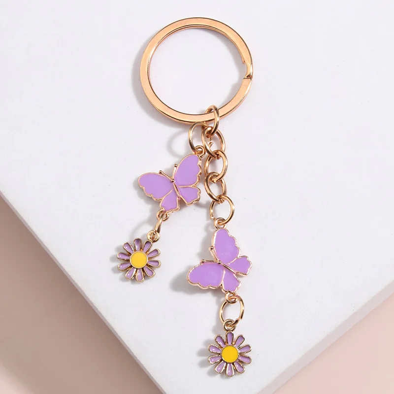 Cute Keychain Butterfly Flower Key Ring Garden Enamel Key Chains Animal Gifts For Women Girls Handbag Accessorie DIY Jewelry