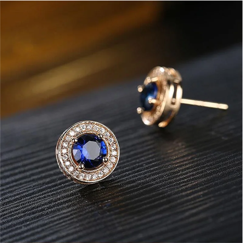 Pendientes redondos clásicos de circonita azul real y rojo champán para mujeres y hombres, pendientes de circonita blanca de Color dorado antiguo, regalo de joyería