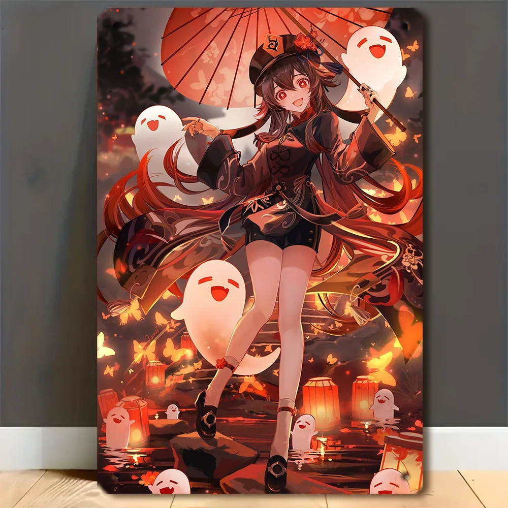 CIFBUY Hu Tao Genshin Retro Anime Sign Waterproof Aluminum Wall Art, Durable Metal Decor for Home Bar Garage Living Room