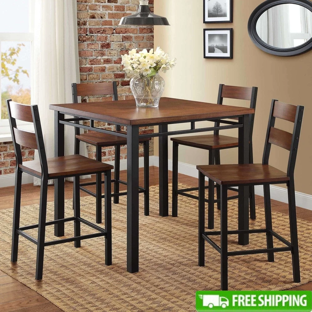 

5-Piece Counter Height Dining Set Sturdy Metal Frame Vintage Oak Table and Chairs Ideal Small Spaces Indoor Use