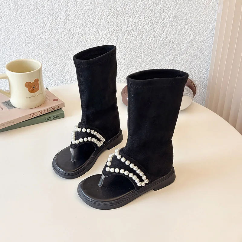 Girls Cover Heel Sandals Kids Shoes Baby Artificial Pearl Sandal 2025 Summer Child Malf Boot Flat Suede Shoe 26-36