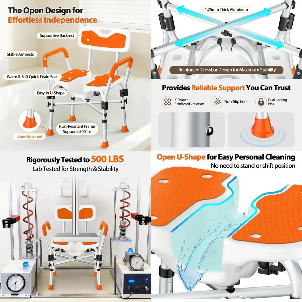 

Heavy Duty Shower Chair with Arms, 500lbs Capacity, Padded Seat, U-Shaped Cutout, Anti-Slip for Seniors, Pregnant, Orange
