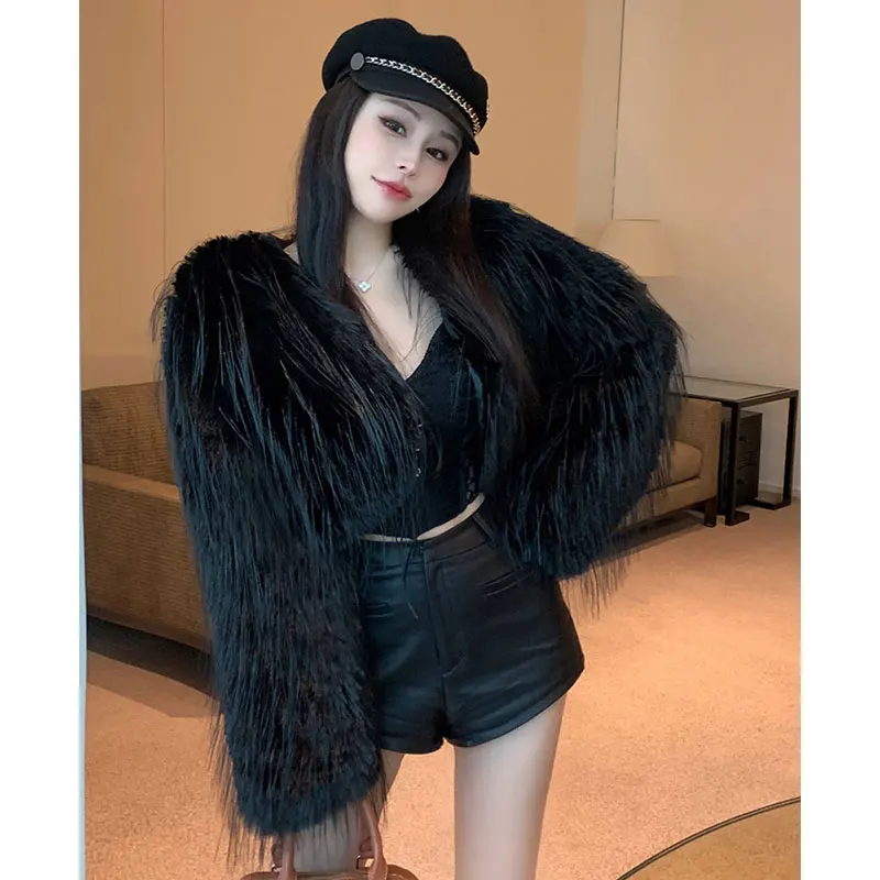 Sexy Faux Fox Fur Short Coat Women Korea Fashion Feather Tassel Cardigan Coats Outercoat Lady Party Elegant Solid Club Outfits