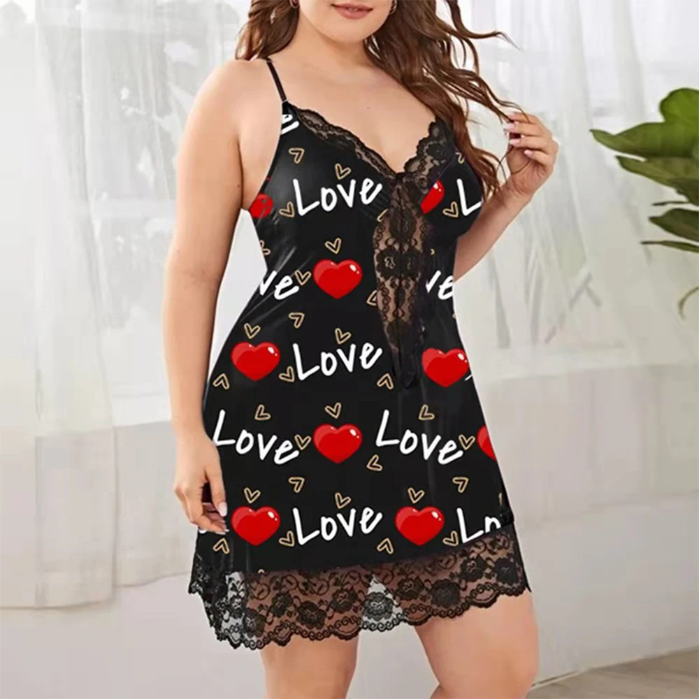 Vestido de dormir de talla grande para mujer, camisón Sexy de encaje con tirantes, estampado de seda de imitación, XL-5XL