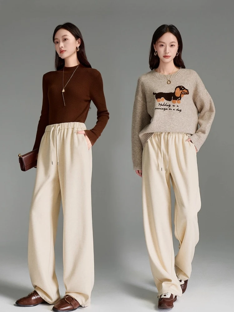 OLrain Women's Knitted Straight Leg Pants Autumn 2025 New Loose Fit Casual Soft Comfort Elastic Waist Trousers O57QK001110