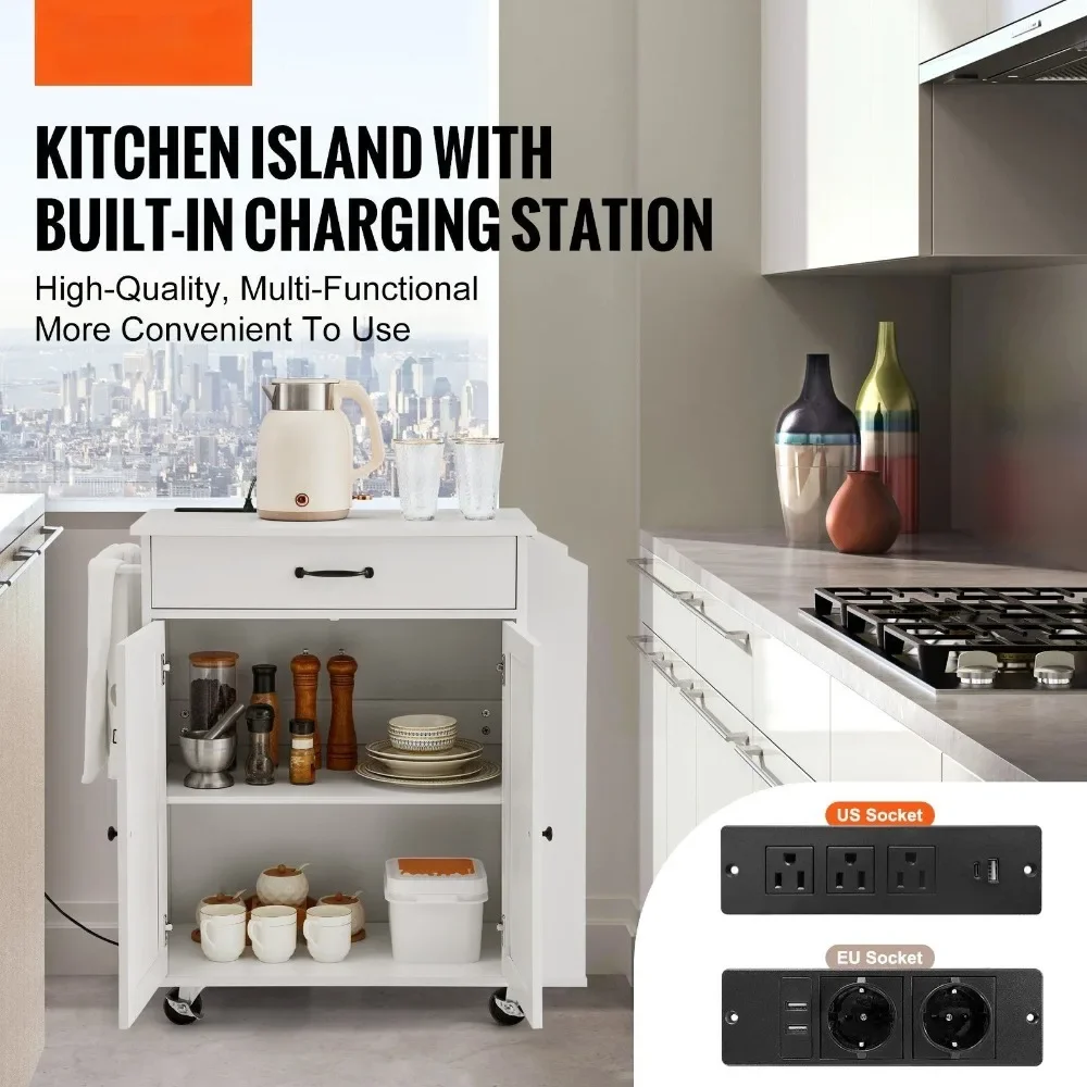 Kitchen Island Cart: Rolling Storage Cabinet with Charging Station thumbnail