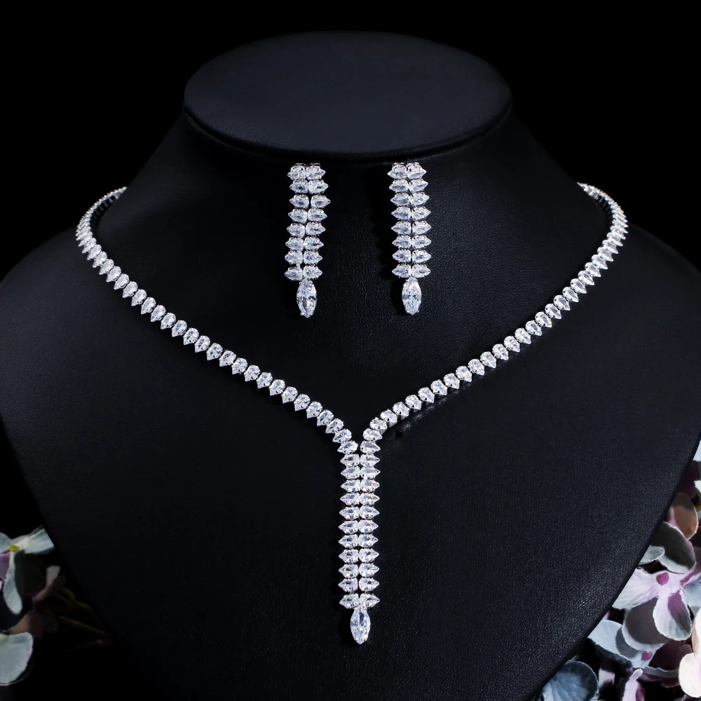 

CWWZircons White Cubic Zircon Paved Wedding Bridal Necklace and Earrings Sets Jewelry for Women Party Dress Accessories T626